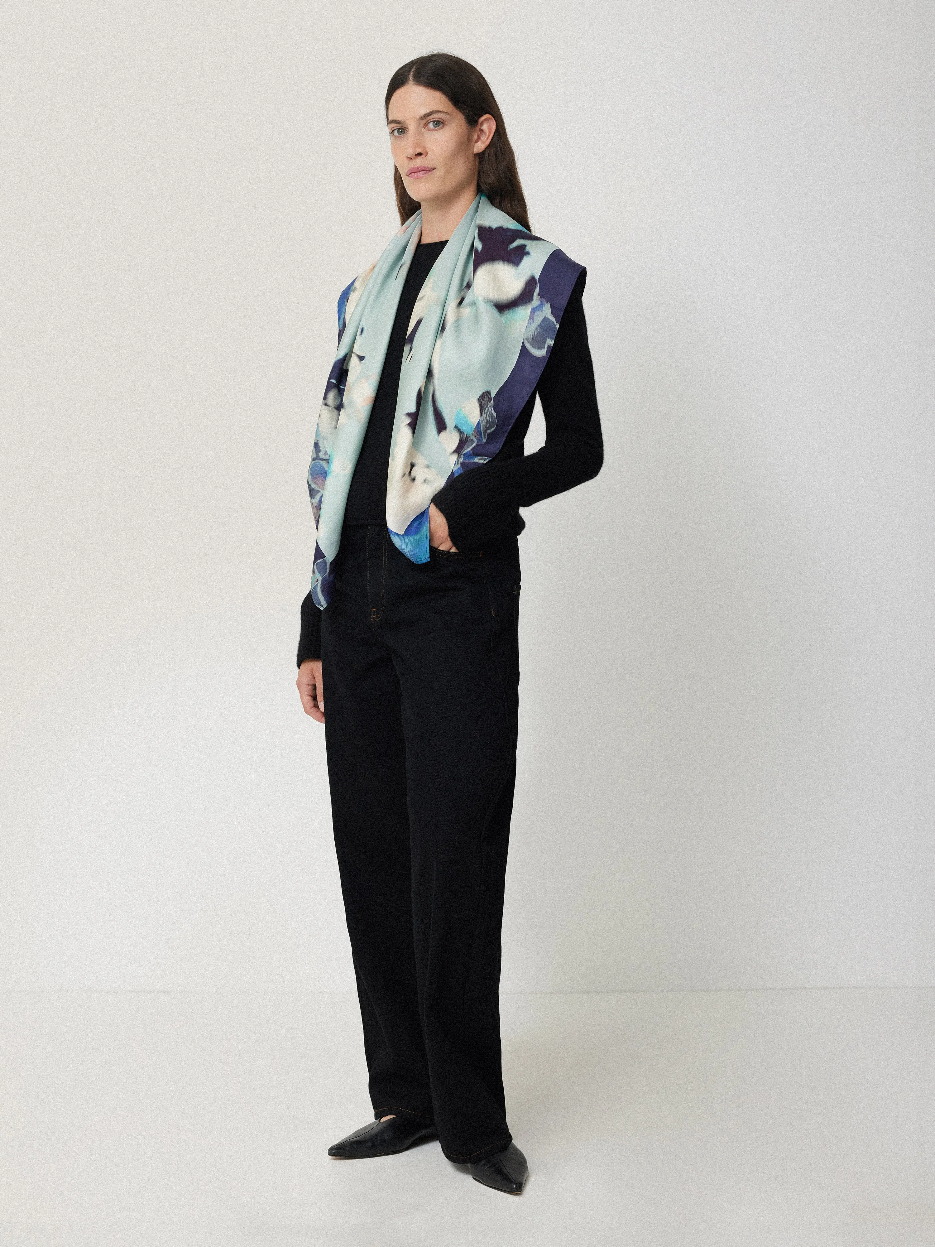 Floral Drift Silk Twill Scarf | Blue