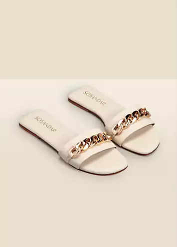 Paradiso Ecru Chain Detail Flat Leather Mule Sandals by Sosandar | Look Again