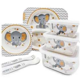 Primo Passi | Bamboo Fiber Kids Super Combo - Divided Square Plate, Square Bowl, Fork&Spoon, And 3 Food Container With Lids - Li