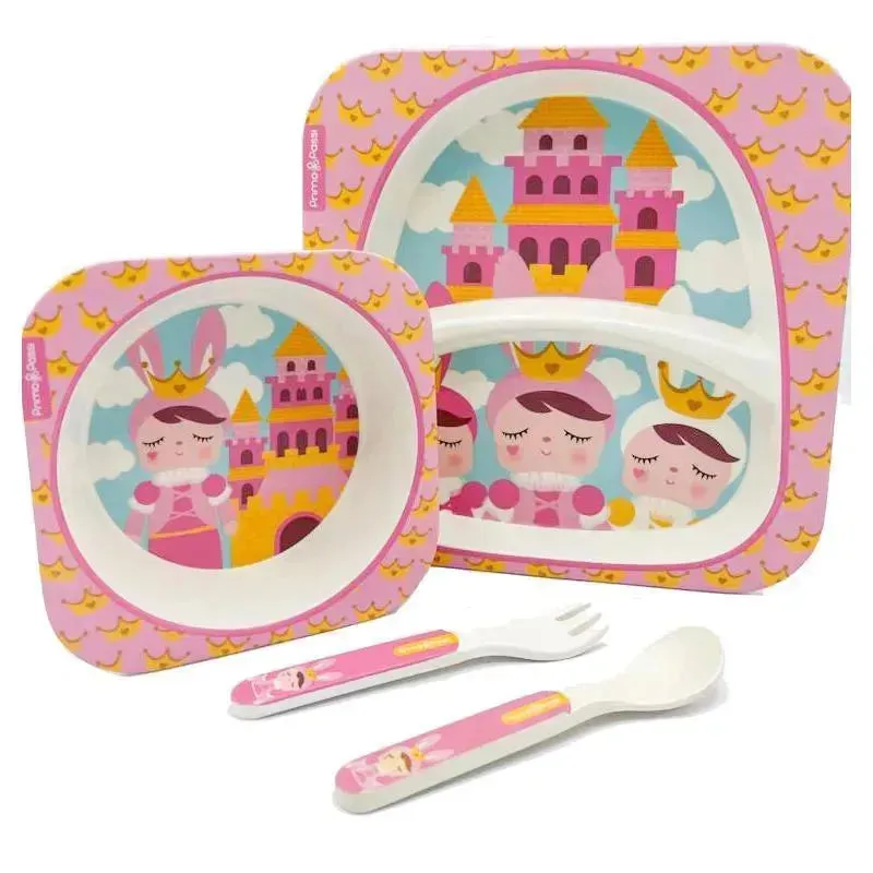 Primo Passi - Bamboo Fiber Kids Combo Divided Square Plate, Square Bowl & Fork&Spoon, Metoo