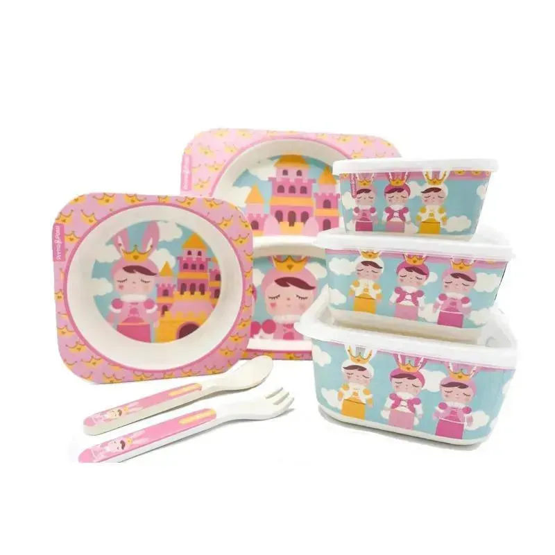 Primo Passi - Bamboo Fiber Kids Super Combo - Divided Square Plate, Square Bowl, Fork&Spoon, And 3 Food Container With Lids - Me