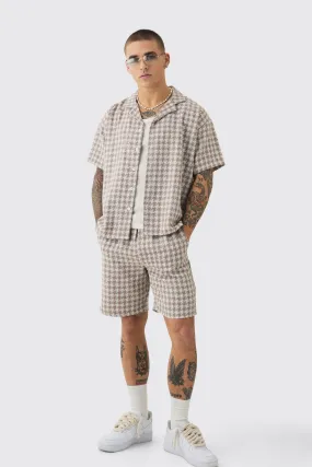 Short Sleeve Boxy Linen Look Houndstooth Shirt & Short | boohooMAN UK