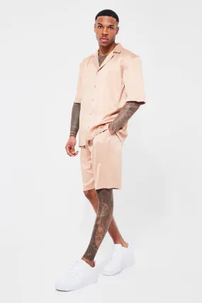 Short Sleeve Drop Revere Satin Shirt And Short Set | boohooMAN UK