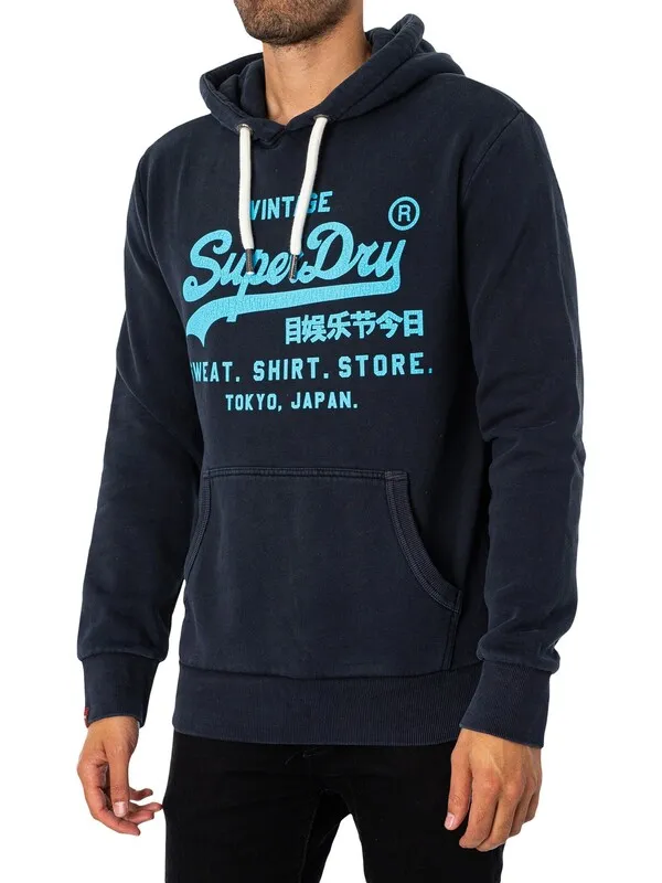 Superdry Cracked Print Neon Pullover Hoodie - Eclipse Navy