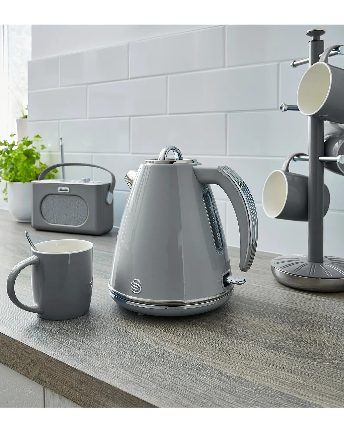 Swan Retro Grey Kettle, 4 Slice Toaster and Microwave Bundle