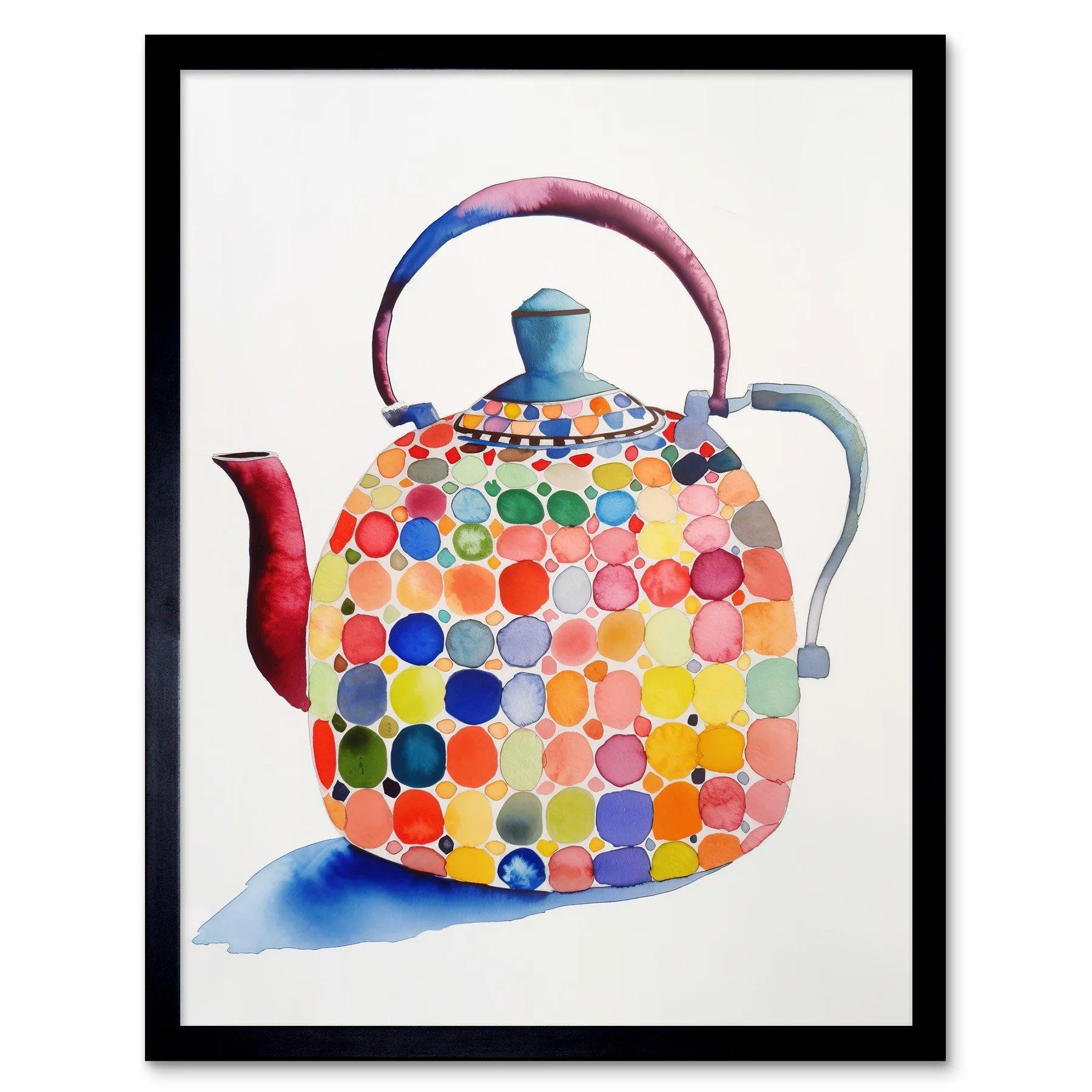 Wall Art & Pictures | Wall Art Print Colourful Enamelled Teapot Tea Kettle Folk Art Watercolour Painting Art Framed | Artery