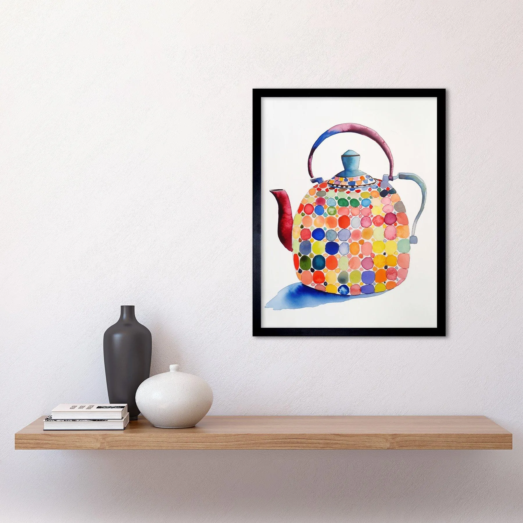 Wall Art & Pictures | Wall Art Print Colourful Enamelled Teapot Tea Kettle Folk Art Watercolour Painting Art Framed | Artery